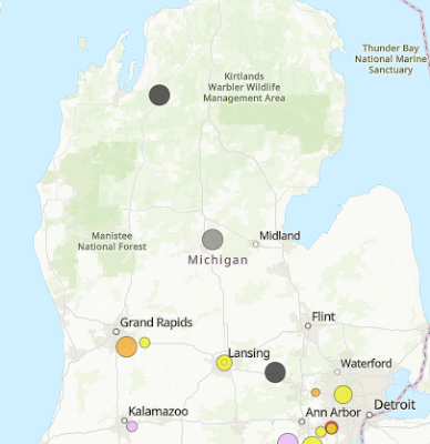 Map of Michigan showing locations of proposed data centers, including Howell and Saline, with markers indicating project status (FracTracker, December 2025).