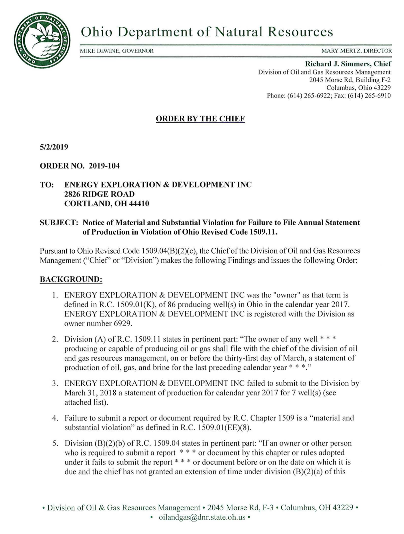 Scanned 2019 ODNR Chief's Order, an example of a non-appealable material and substantial violation.