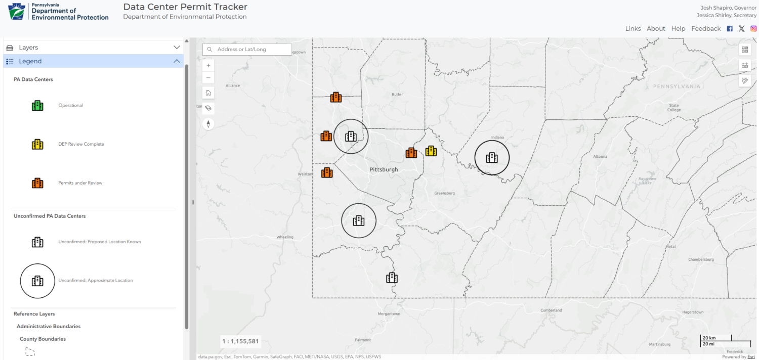 Screenshot of the PA DEP Data Center Permit Tracker map of Southwestern Pennsylvania.