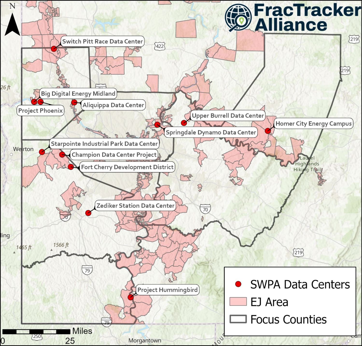 Map of the 12 Southwestern Pennsylvania data center sites and DEP environmental justice areas.