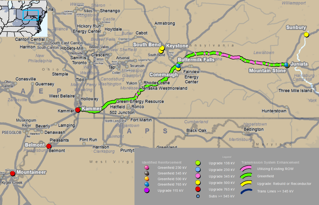 PJM map of the proposed 765 kV Proposal 237 route connecting the Kammer, Buttermilk Falls, and Mountain Stone substations.