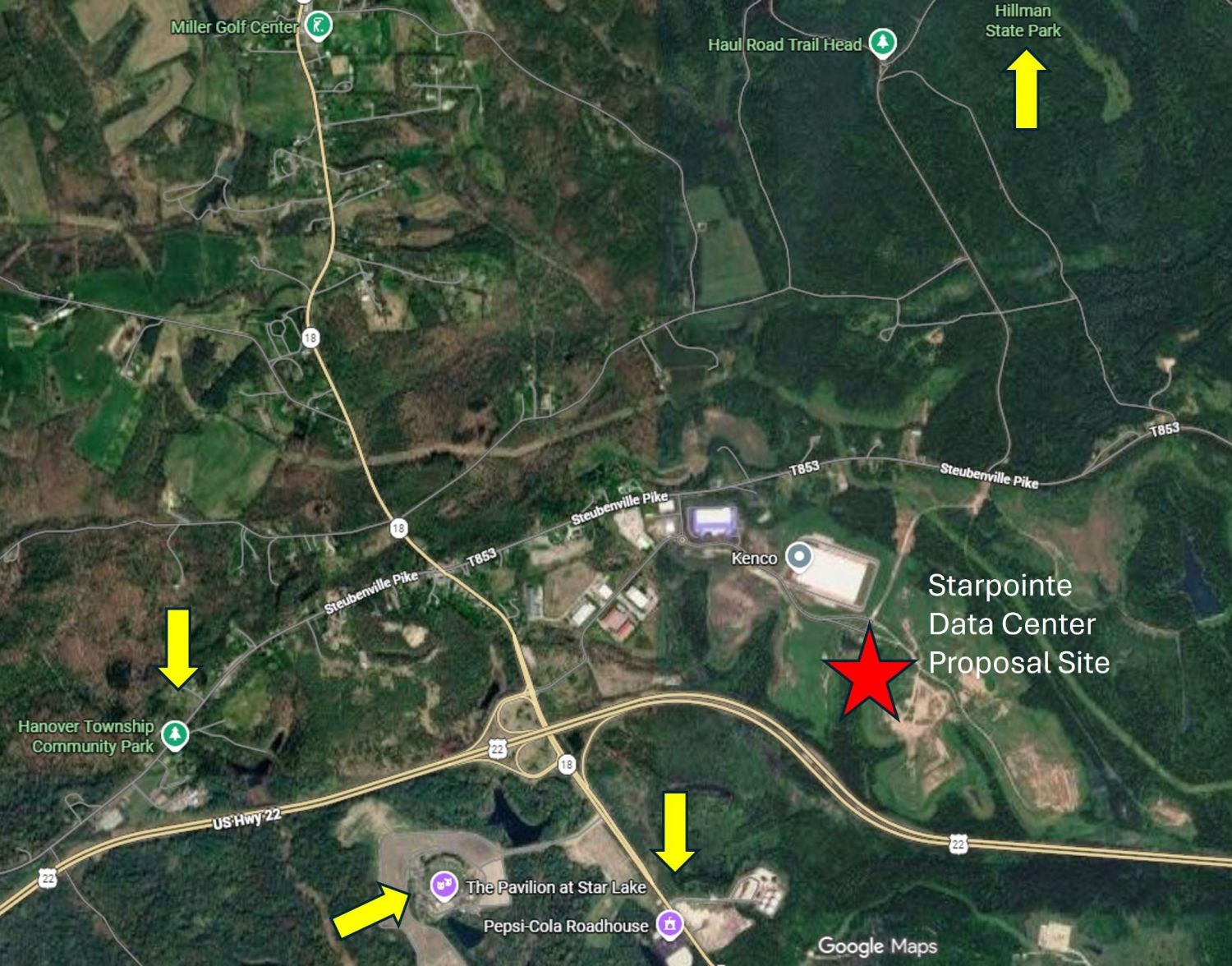 Google Maps view of community sites near the Starpointe proposal, including Star Lake, Hanover Community Park, and Hillman State Park.