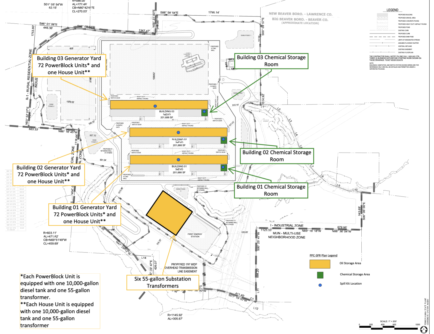Developer site plan for the Switch data center showing three buildings, generator yards, and chemical storage rooms.