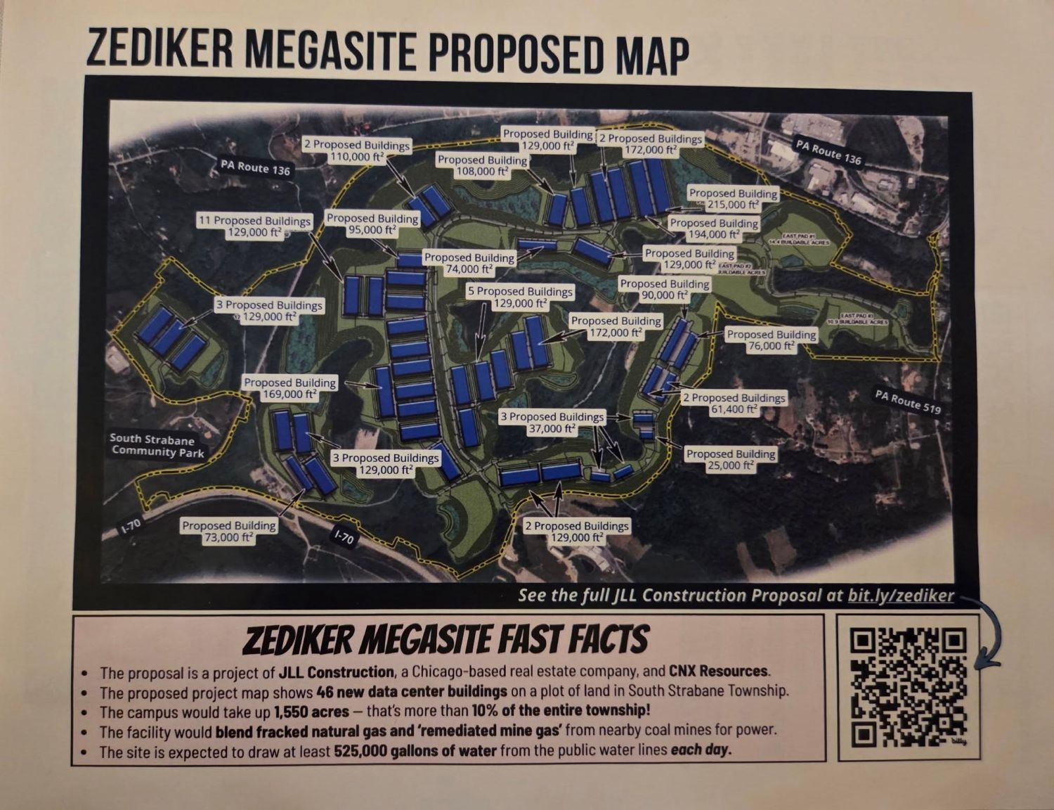 Flyer titled "Zediker Megasite Proposed Map" showing dozens of proposed data center buildings.