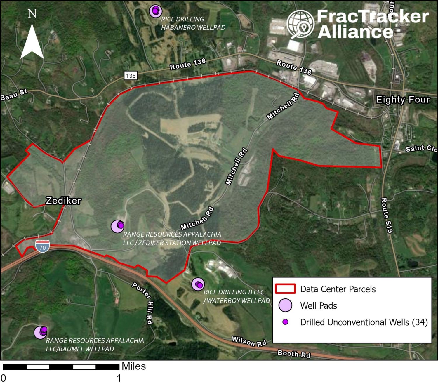 Map of the Zediker Station site with nearby well pads and 34 drilled unconventional wells.